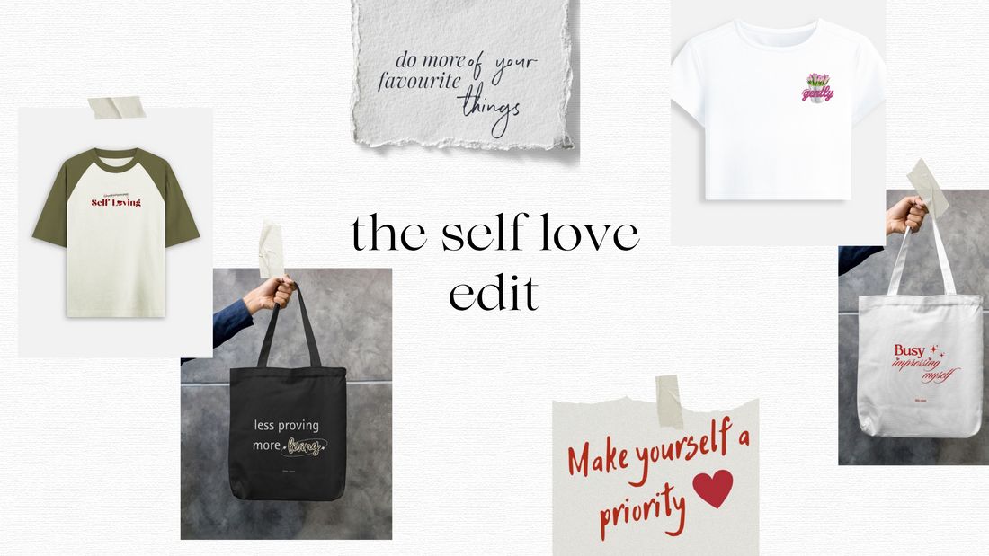 self love clothing collection with affirmation statement tees and canvas tote