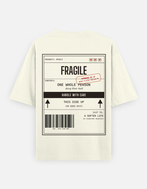 Fragile Handle With Care label-style print on unisex heavyweight oversized t-shirt
