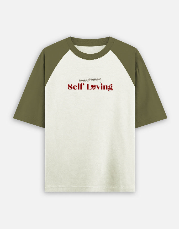 Overthinking crossed out Self Loving quote print on unisex oversized raglan baseball t-shirt